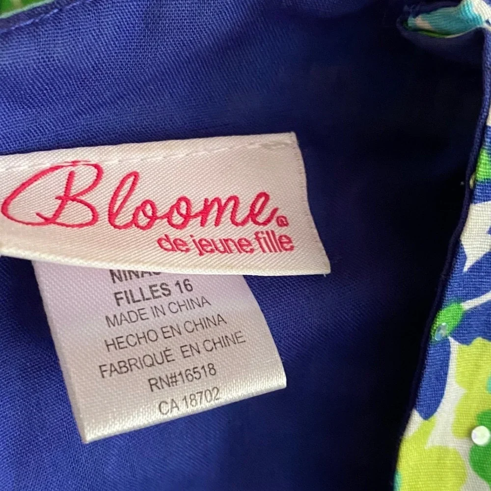 Bloome de Jeune Fille Girls 16 Floral Rhinestone Party Dress Blue Green Cotton